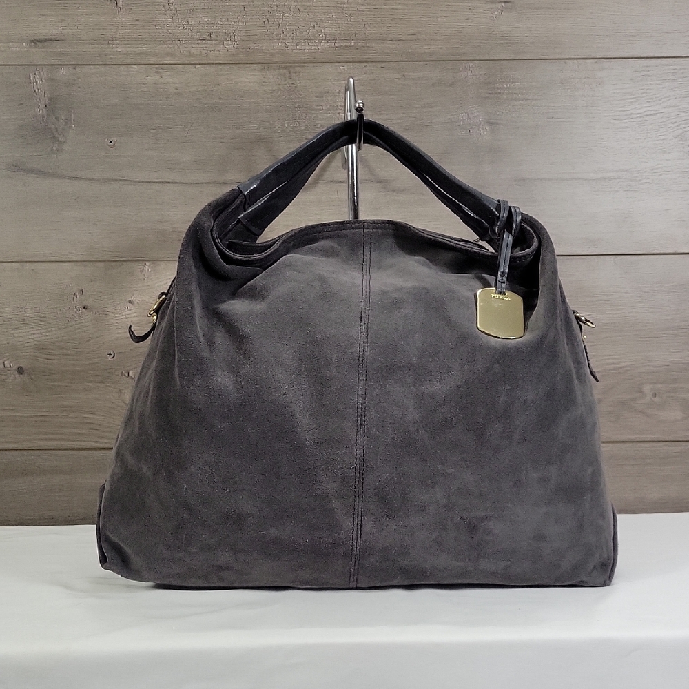 Furla Charcoal Gray Suede Hobo Bag with Gold Tag